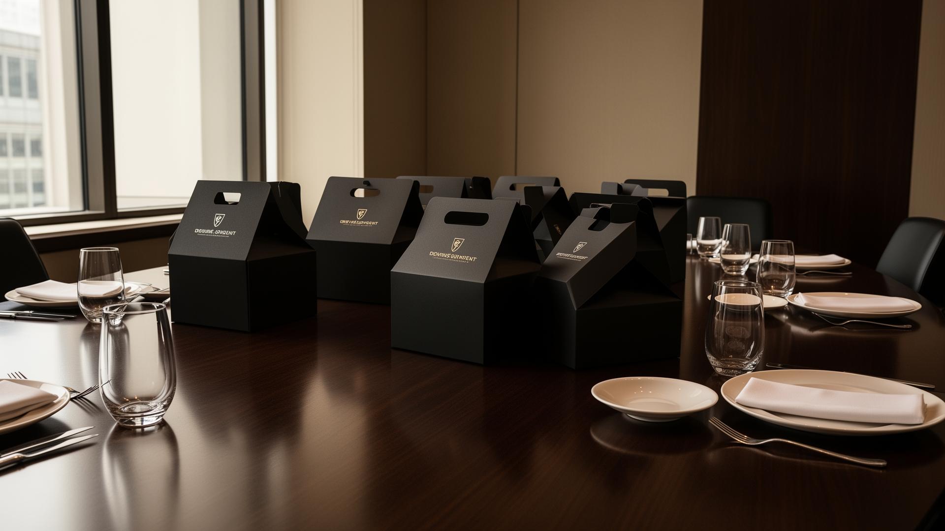 Premium black catering boxes laid out across a polished boardroom table