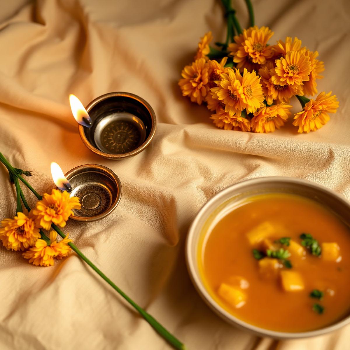 Sattvic vegetarian thali with marigold and diya