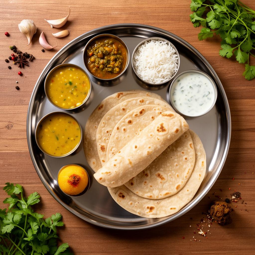 Complete homely thali with dal, sabzi, rice, raita, roti and sweet — The Mothers Cook monthly meal